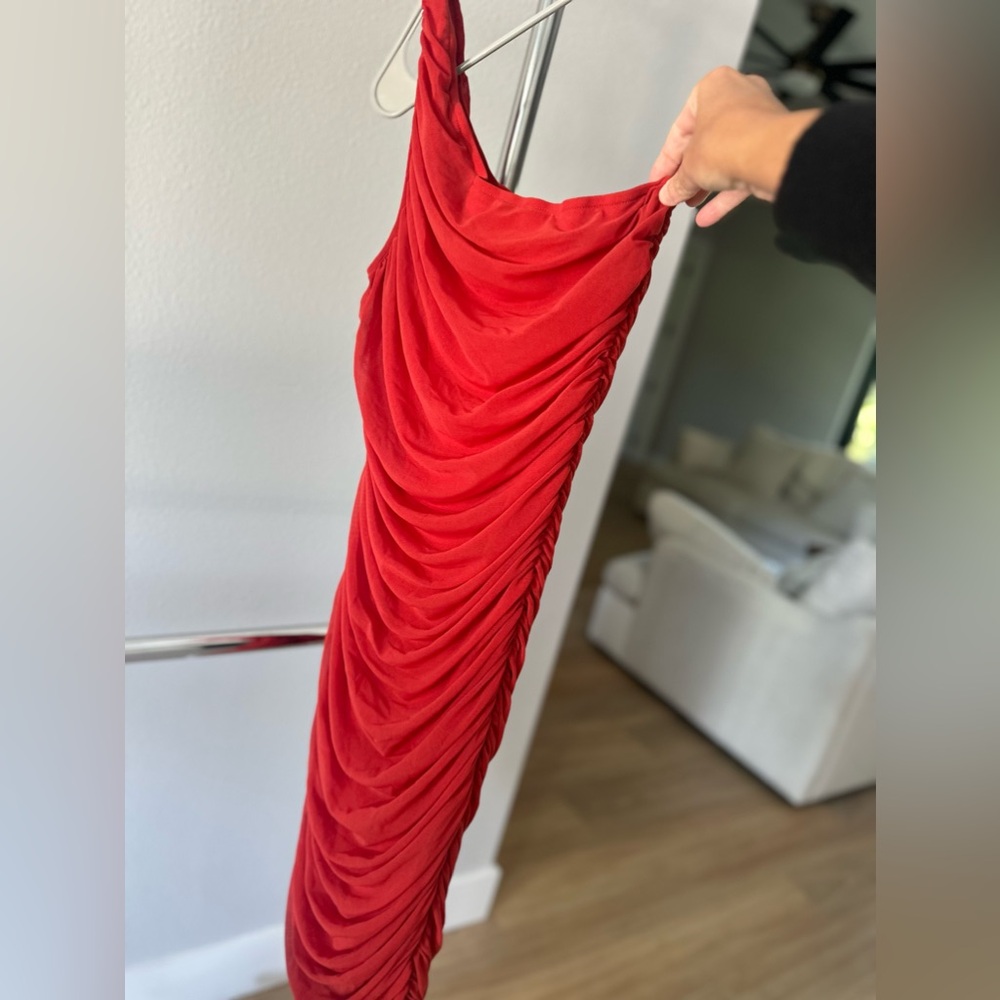 Red Body Con Dress, One Shoulder, Scrunch, Wedding, Date Night